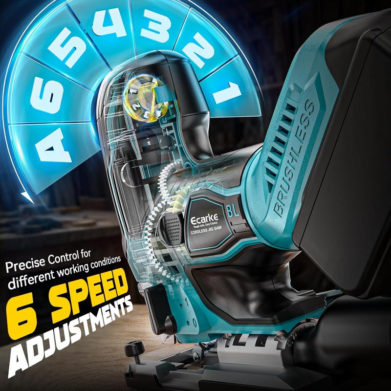 Ecarke Cordless&Brushless Jig Saw Compatible With Makita 18V Battery(Only Tool), 3800RPM, 7 Speeds Dial Control, Free-Tool ±45° Bevel Cuts, 4 Orbital Action, Dust Blows and 6 Blades For Cutting - Image 3